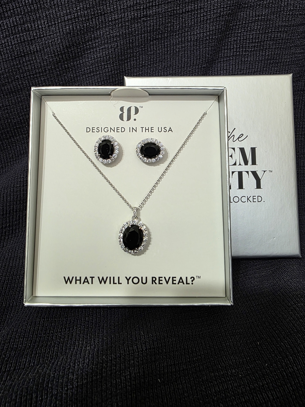 Rhodium Plated Black Onyx CZ 2424 Necklace & Stud Earring Set